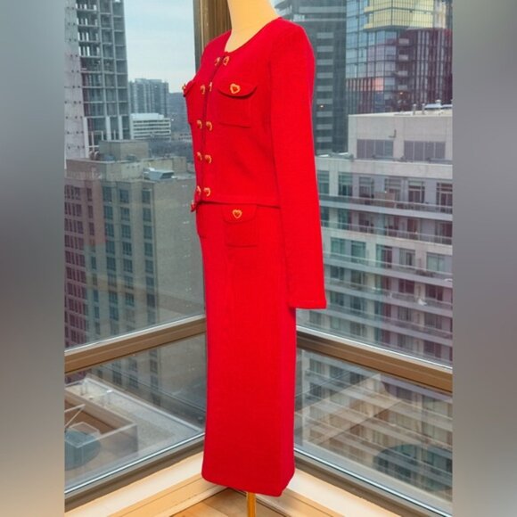 🆕 SELF-PORTRAIT 🧿 NWOT Red Knit Heart Buttoned Cardigan + Midi Skirt Set Sz M - Picture 7 of 15